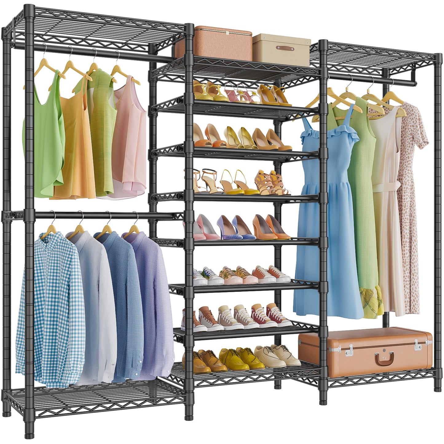 VIPEK S3 Heavy Duty Garment Rack Freestanding Clothes Rack Closet Storage Organizer Large Wardrobe with 8-Tier Shoe Rack, Hanging Rod, Adjustable Shelf, 68.9" L x 15.7" W x 76.4" H, Black