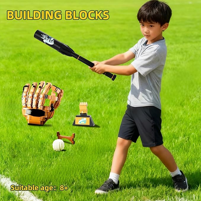 Sosuy Baseball Building Blocks Sets for Boys 968 Pcs with Bat Glove Ball Trophy and Display Stand Educational STEM Toys for Boy Kids Men Teen for Sports Fan Model for Play Display