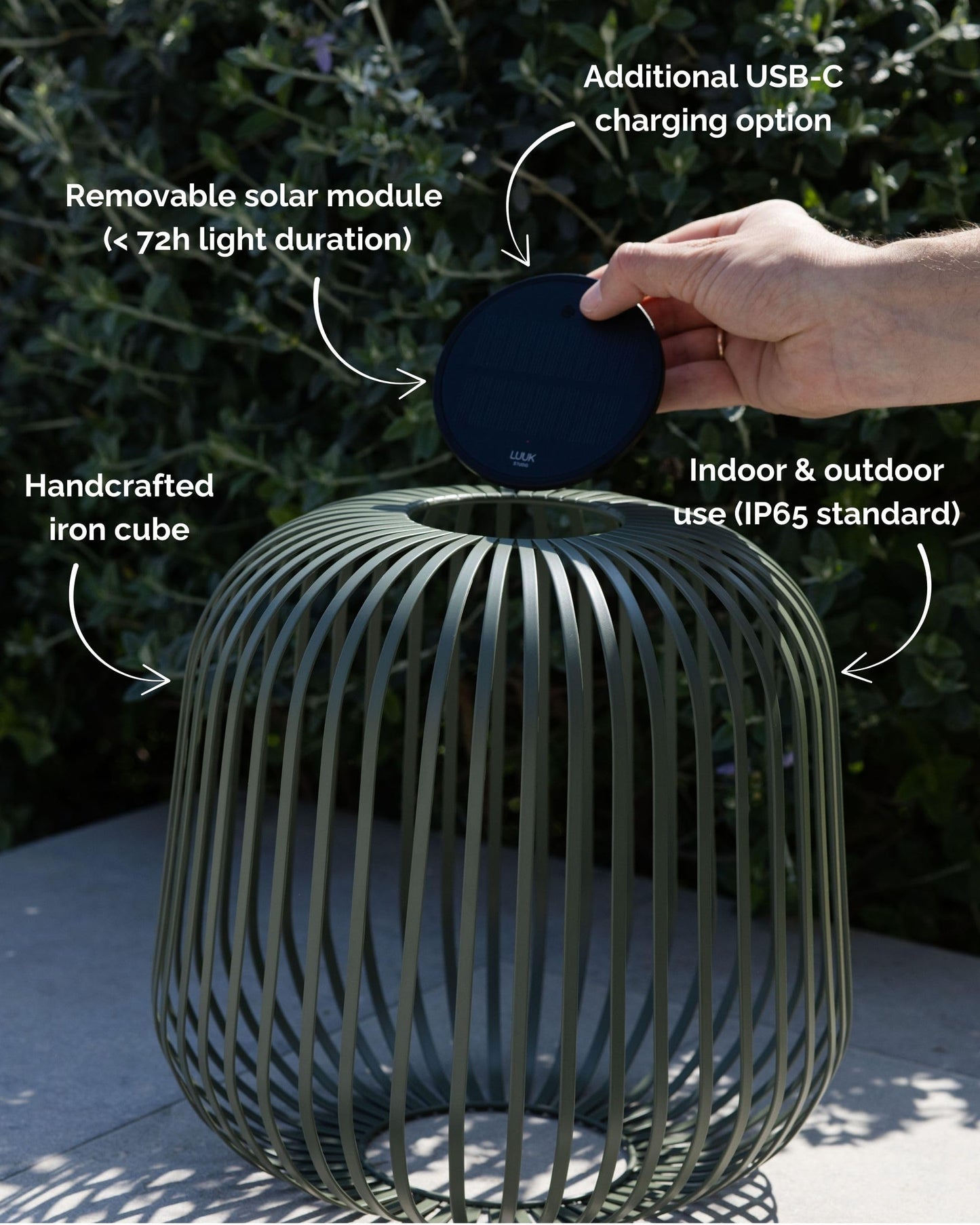LUUK Studio Solis Wireless Solar LED Lamp, Warm White, 3 Level Dimmable, 48 Hours, Indoor & Outdoor Lantern, USB-C Rechargeable, Bedroom or Living Room, Calm Minimalist Look, Sage Green, Size L