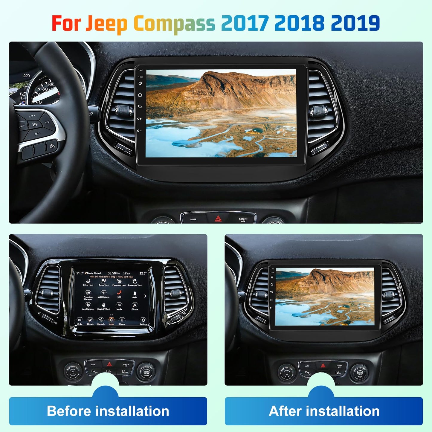 8 Core 4+64G Android Car Stereo for Jeep Compass 2017 2018 2019 with Carplay & Android Auto - 10 Inch 1280 * 720P Touchscreen Radio with DSP/Cooling Fan/5G WiFi/GPS Navigation/SWC/Backup Camera