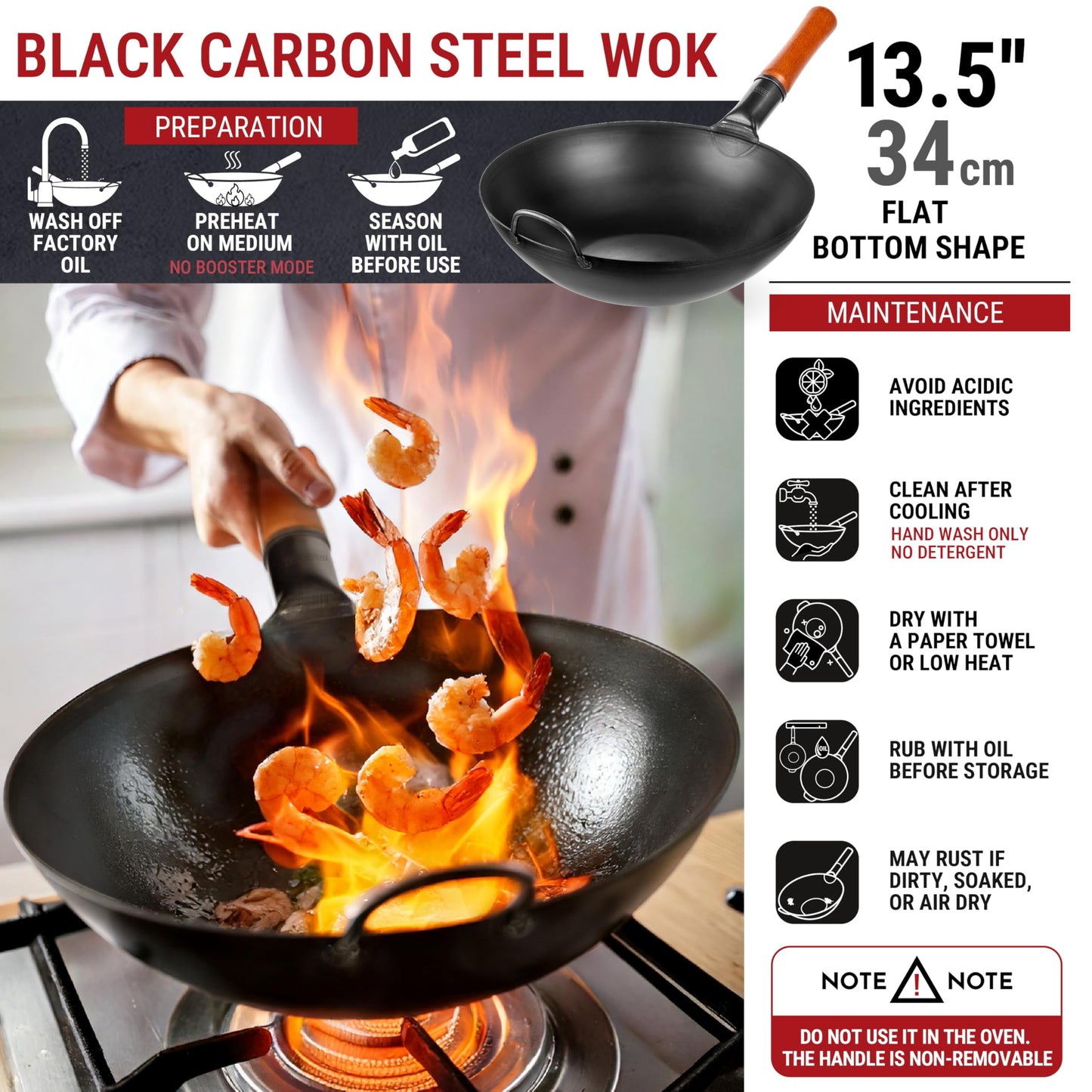 YOSUKATA 13.5" Carbon Steel Wok Pan + 17’’ Wok Spatula and Ladle + Stainless Steel Cutting Board 14.6x10 Inch
