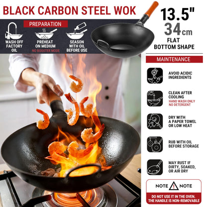 YOSUKATA 13.5" Carbon Steel Wok Pan + Premium Wok Cover 13.2" for Wok 13.5" + Stainless Steel Cutting Board 14.6x10 Inch
