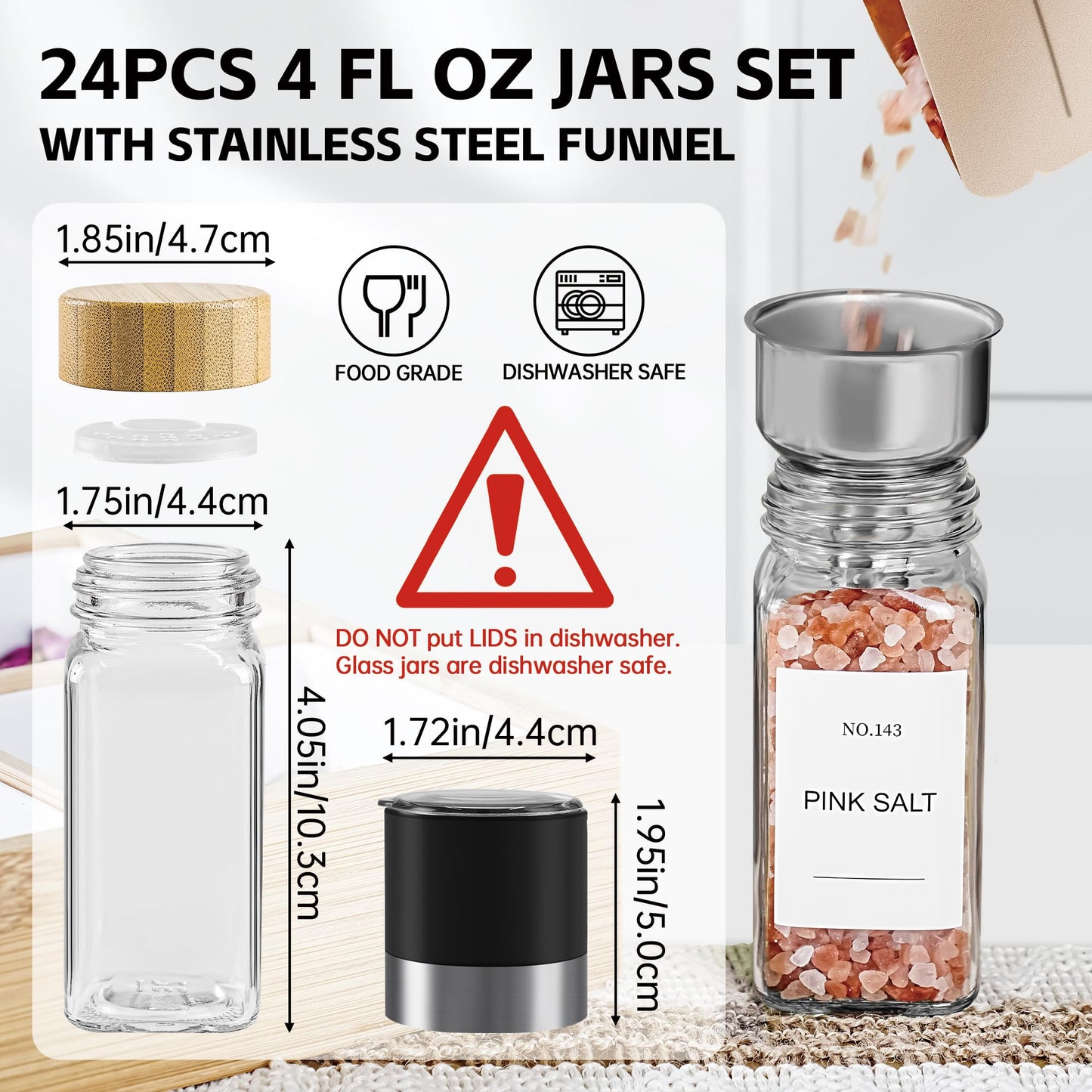 Spice Jars, 24 Pcs 4oz Seasoning Jars with Label, Glass Jars with Bamboo Lids, Spice Containers Bottles with Pepper Grinder & Stainless Steel Funnel for Seasoning Organizer, Cabinet, Drawer