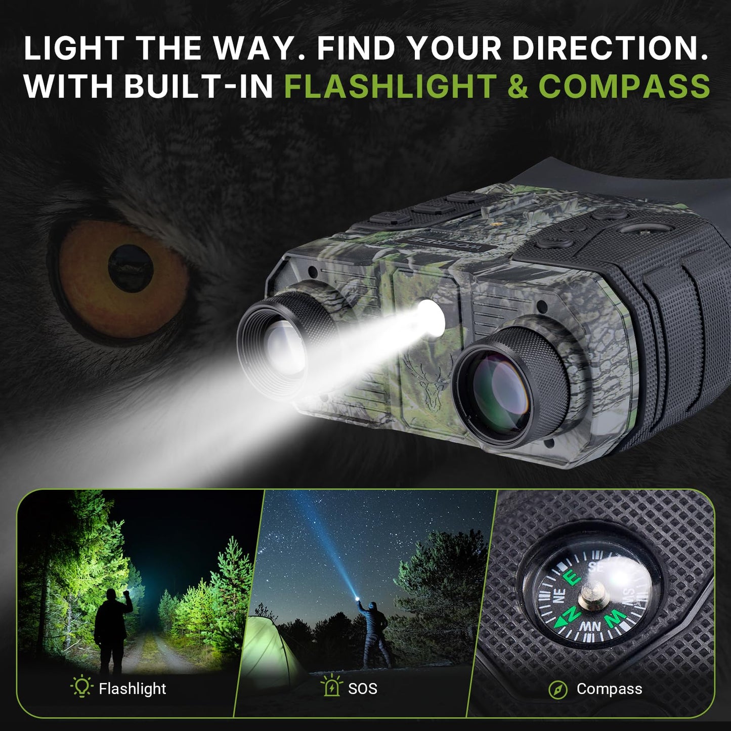 WOGREE Night Vision Goggles, 4K Night Vision Binoculars for Adults, 36MP, 1300FT Range,8X Digital Zoom, Flashlight & Compass, 5000mAh Battery, Infrared Vision, 32GB Card, for Camping & Security