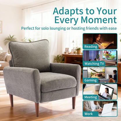 OLIXIS Comfy Accent Chair for Living Room Bedroom and Waiting Room, Upholstered Mid-Century Reading Chair with Pillow and Solid Wood Legs, Wide Singe Modern Lounge Sofa (Gray)