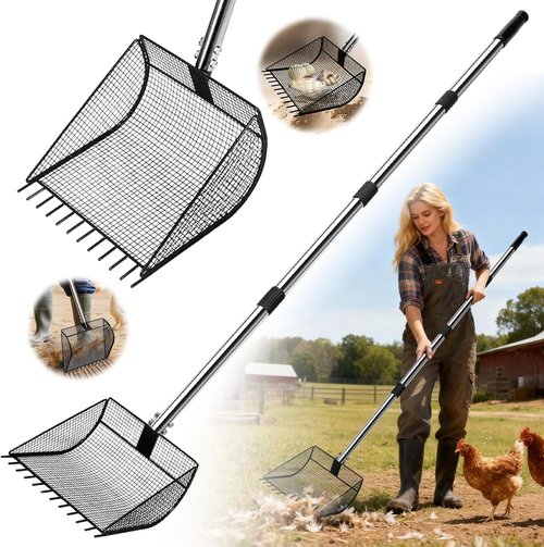 Chicken Poop Scooper - 2-in-1 Rake & Sifting Shovel with Adjustable Stainless Steel Handle (36"-62")