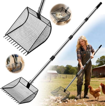 Chicken Poop Scooper - 2-in-1 Rake & Sifting Shovel with Adjustable Stainless Steel Handle (36"-62")