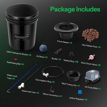 VIVOSUN DWC Hydroponics Grow System with Top Drip Kit, 5-Gallon Deep Water Culture, Recirculating Drip Garden System with Multi-Purpose Air Hose, Air Pump, and Air Stone (4 Buckets + Top Drip Kit)