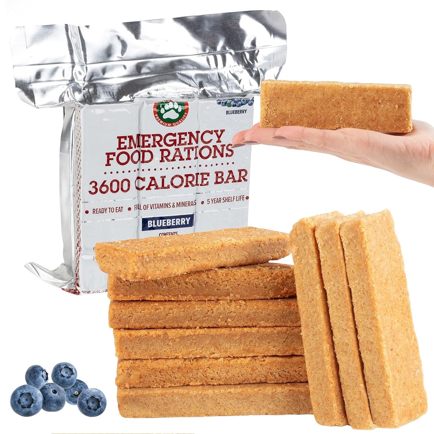 Emergency Food Rations- Case of Ten 3600 Calorie Blueberry Bar - 30 Day, 4 Week Value Supply For Disaster, Hurricane - Less Sugar, More Nutrients - 5 Year Shelf Life