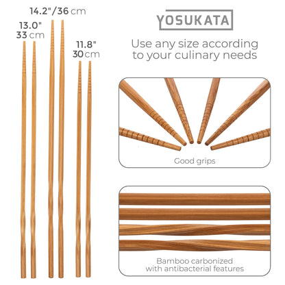 YOSUKATA Carbon Steel 11.8" Stir Fry Wok Pan + Reusable Natural Wooden Long Cooking Chopsticks Set of 3 pairs + Wok Lid 11.4 In + 17" Wok Spatula and Ladle and Turner Spatula