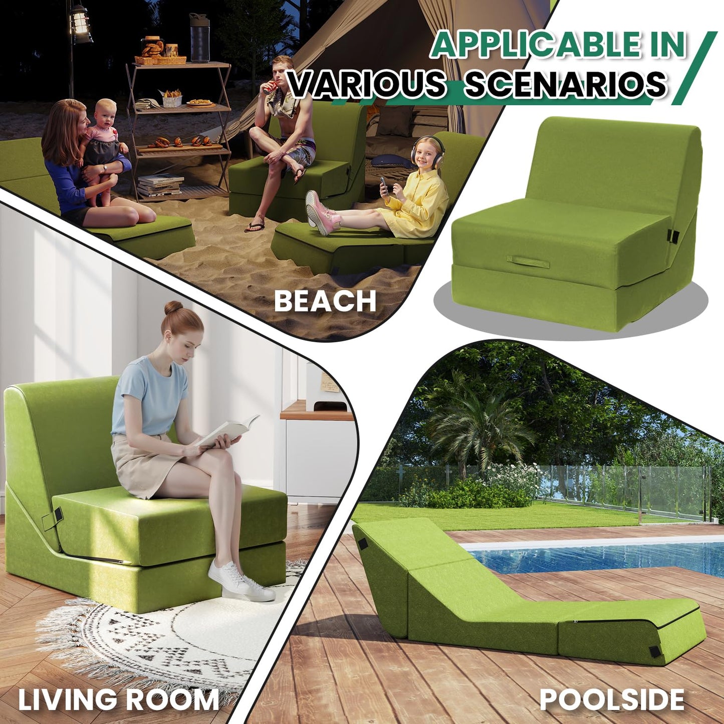 jela Outdoor Sofa, Waterproof Folding Lounge Chair and Sofa, UV Resistant Patio Sofa with Machine Washable Cover, Soft Foam Outdoor Bed Pool Lounge Chaise Chairs (Green)
