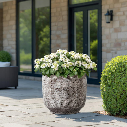 LuxenHome 15.5" Dia Round Ceramic Large Plant Pot for Outdoor Plants, Gray Grid-Pattern Glazed Ceramic Outdoor Planter Pot with Drainage Hole and Rubber Plug, Indoor Flower Pots for Home Garden Patio
