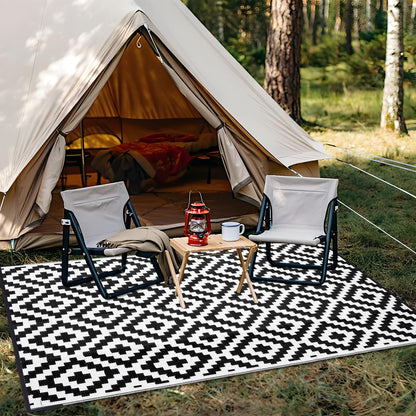 OLANLY Waterproof Outdoor Rug 9x18 ft, Outdoor Plastic Straw Rug for Camping, RV Mat Outside, Indoor Outdoor Carpet for Porch, Deck, Backyard, Balcony, Picnic, Black & White