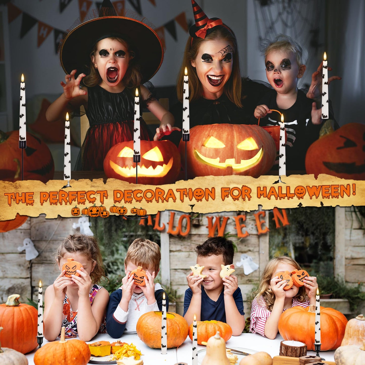 AFINETH Halloween Taper Candles with Bats, 9.6”Real Wax Flameless Taper Candles with Remote & Timer, 3 Pack Battery Operated Halloween Led Candlesticks for Party Home Decor