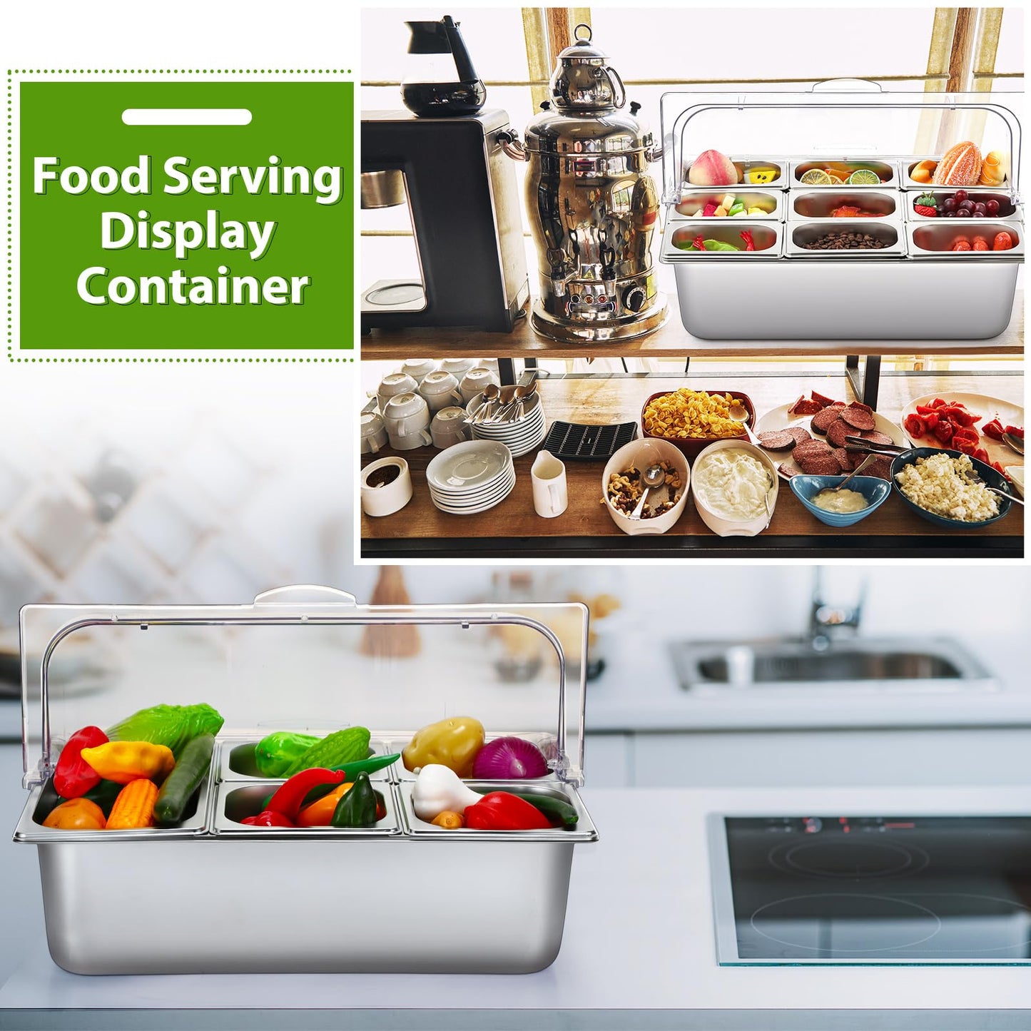 Ziliny Countertop Food Serving Display Container and Clear Roll Top Cover Stainless Steel Food Serving Tray Buffet Condiment Dispenser Display Rack for Restaurant Hotel Kitchen Party (9 Pan)