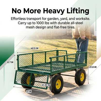 Finnhomy Heavy Duty 1000 Lbs Capacity Mesh Steel Garden Cart, Pullable Garden Wagons Carts on Wheels, Folding Utility Wagon with Removable Sides for Outdoor, Yard, Lawn, Green