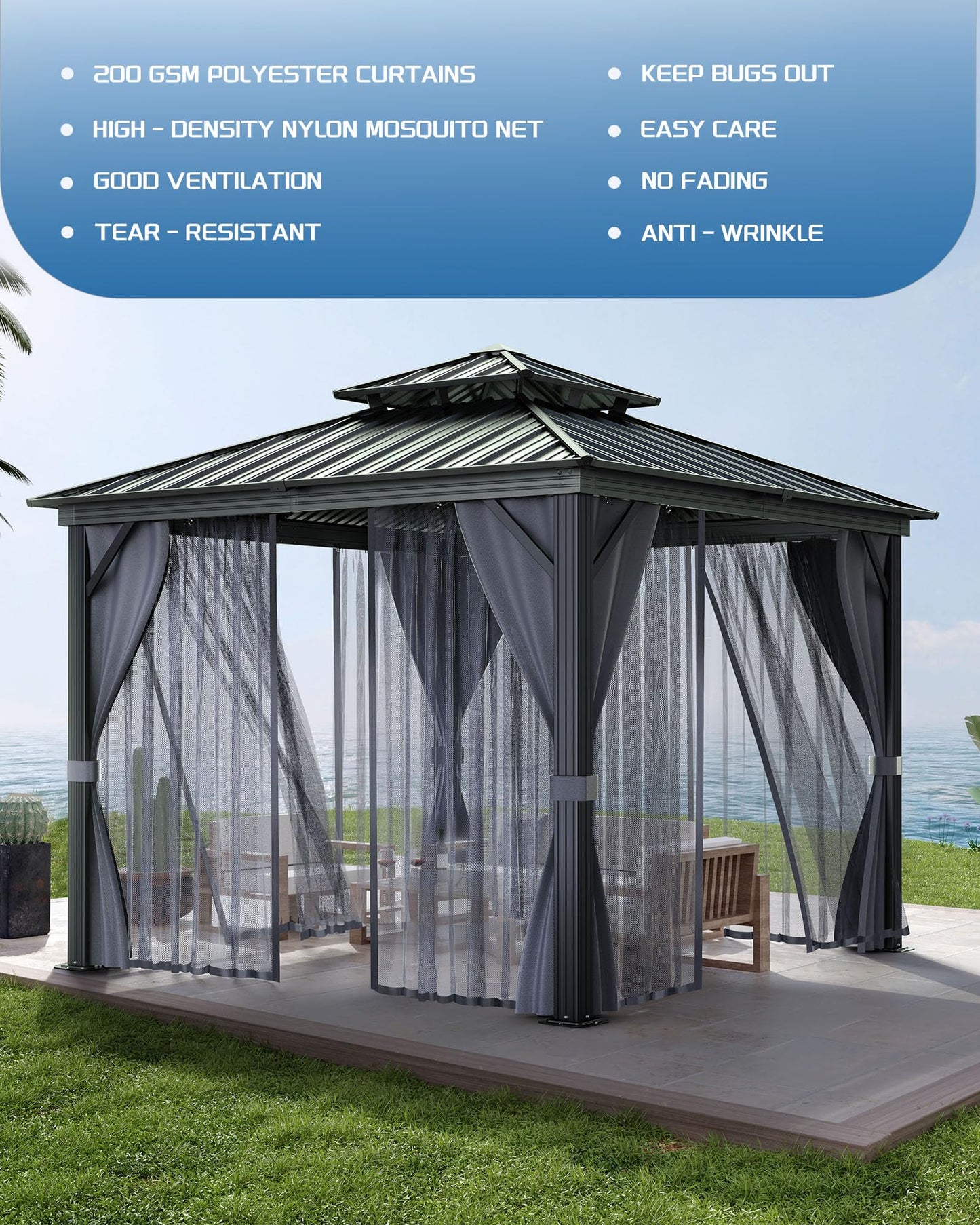 KYBOLT 12x12 Ft Hardtop Gazebos with Heavy Duty Double Roof, Nettings and Curtains Galvanized Steel Outdoor Gazebos for Patio, Backyard, Deck, Lawn (Gray)