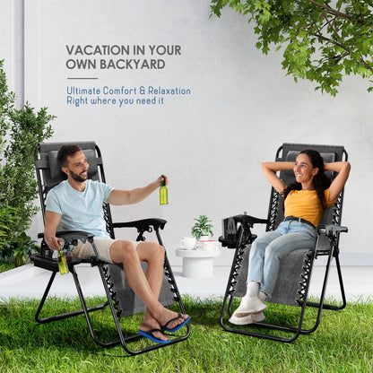 Nestl Zero Gravity Chairs Set of 2, Patio Lounge Chair Outdoor with Pillows & Cup Holder Trays, Adjustable Steel Mesh Reclining Camping Chair, Folding Patio Lawn Chair for Deck, Beach, Yard - Grey