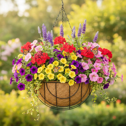 GYATSOCYG 4 Pack 14 Inch Metal Hanging Planter Basket，Natural Round Coconut Hanging Plant Flower Pot，Coconut Coir Planter for Hanging Basket Flowers/Vegetables Home Garden Patio Decoration Earth