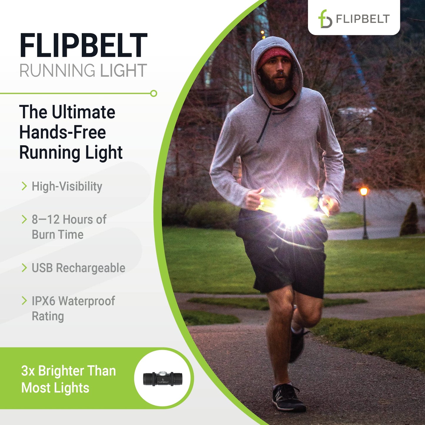 FlipBelt Night Running Light Waist Lamp | USA Company | USB Rechargeable, 500 Lumens, Waterproof, Adjustable Brightness | White LED Lights for Runners