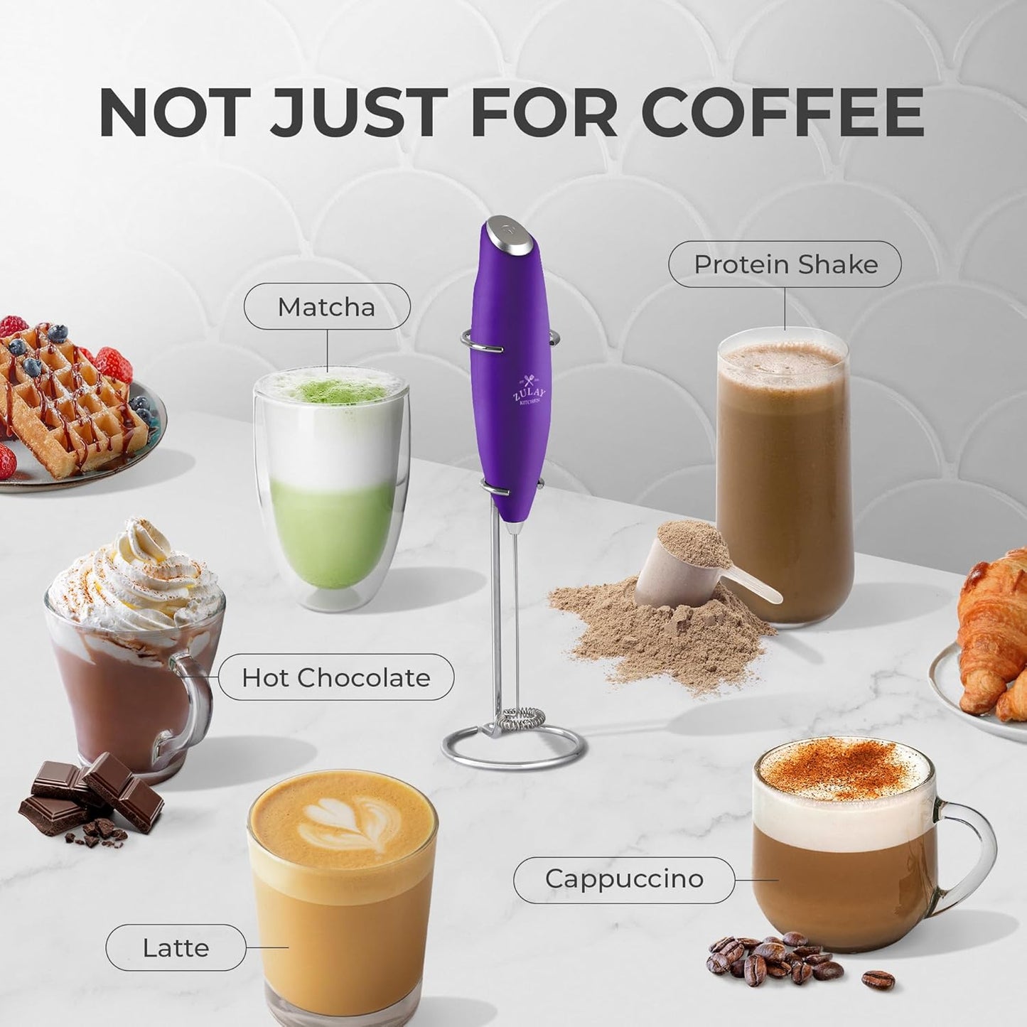 Zulay Kitchen Milk Frother Wand - Ultra Fast Handheld Electric Whisk for Coffee & Lattes - Grape Color