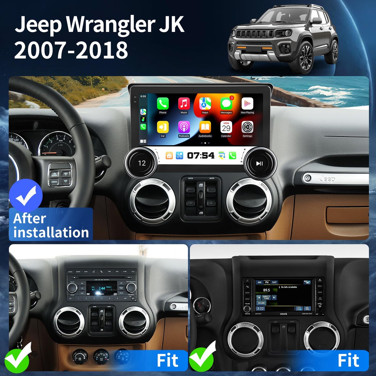 Radio for Jeep Wrangler JK 2007-2018 Compass Grand Cherokee Dodge Ram 1500 2500 3500 2009-2012 Radio Upgrade 8Core 4+64G CarPlay Android Auto 2K 10.1 Inch QLED Screen Bluetooth AHD Backup Camera SWC