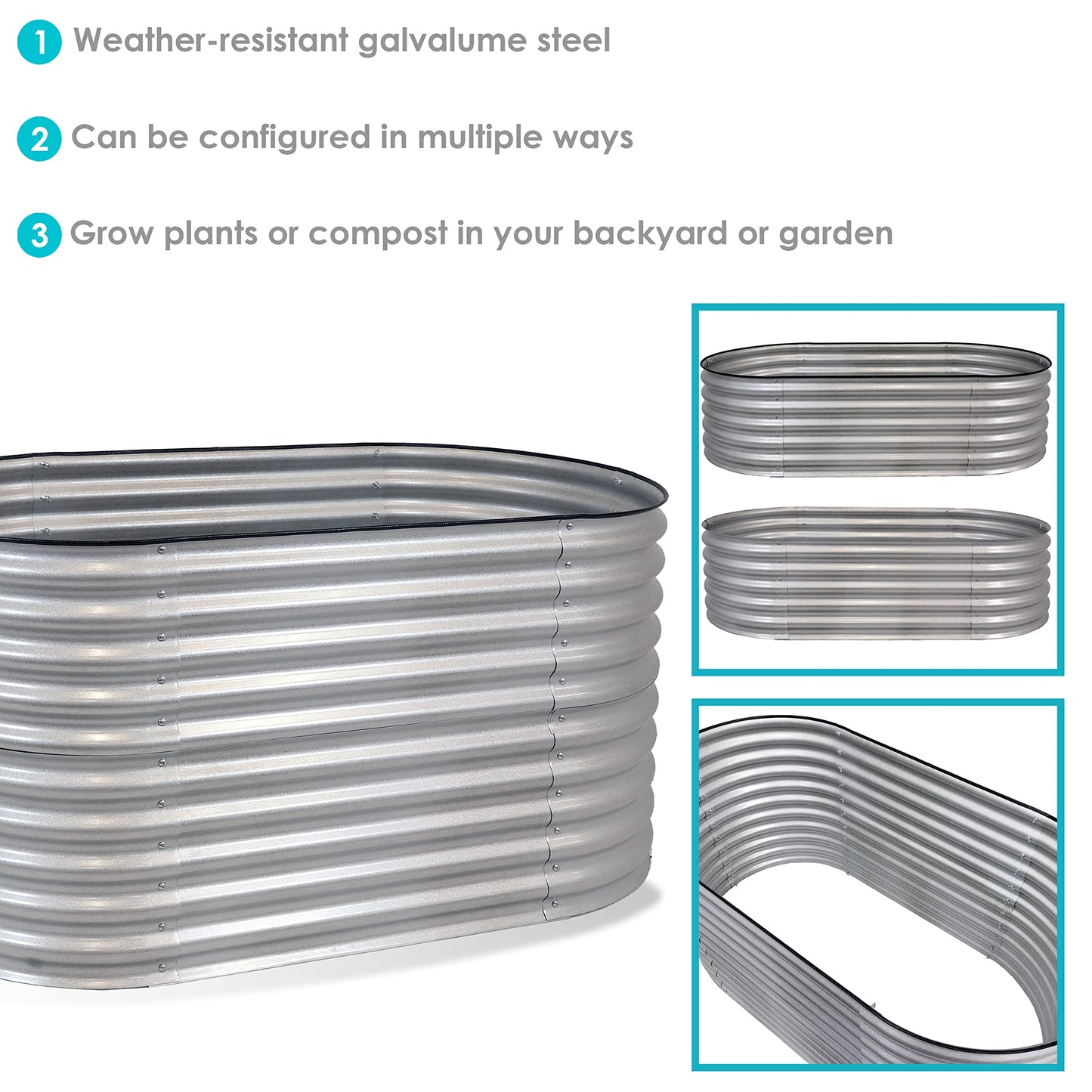 Sunnydaze 62.5-Inch Oval Raised Garden Bed Outdoor - Modular Raised Garden Bed with Rubber Edge Trim - Silver