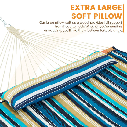 Lazy Daze Hammocks 2 Person Portable Hammock with 12FT Stand, Double Hand Woven Cotton Rope Hammock with Detachable Quilted Pad & Pillow for Outside, 450lb Capacity, Beach Stripes