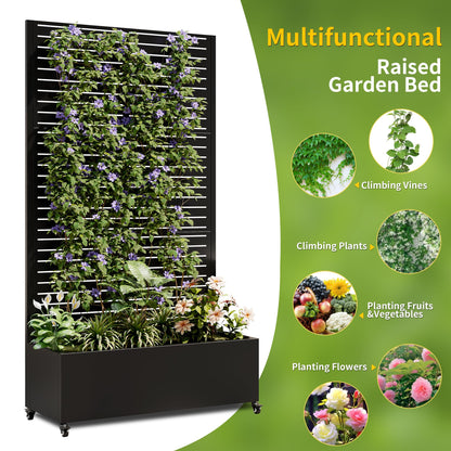 Clyrava Metal Raise Garden Bed with Trellis Outdoor Indoor, 73'' Tall Planter Box with Wheels, Large Planter with Drainage Holes & Lockable Casters for Climbing Plants, Vegetables, Vines (Rectangle A)