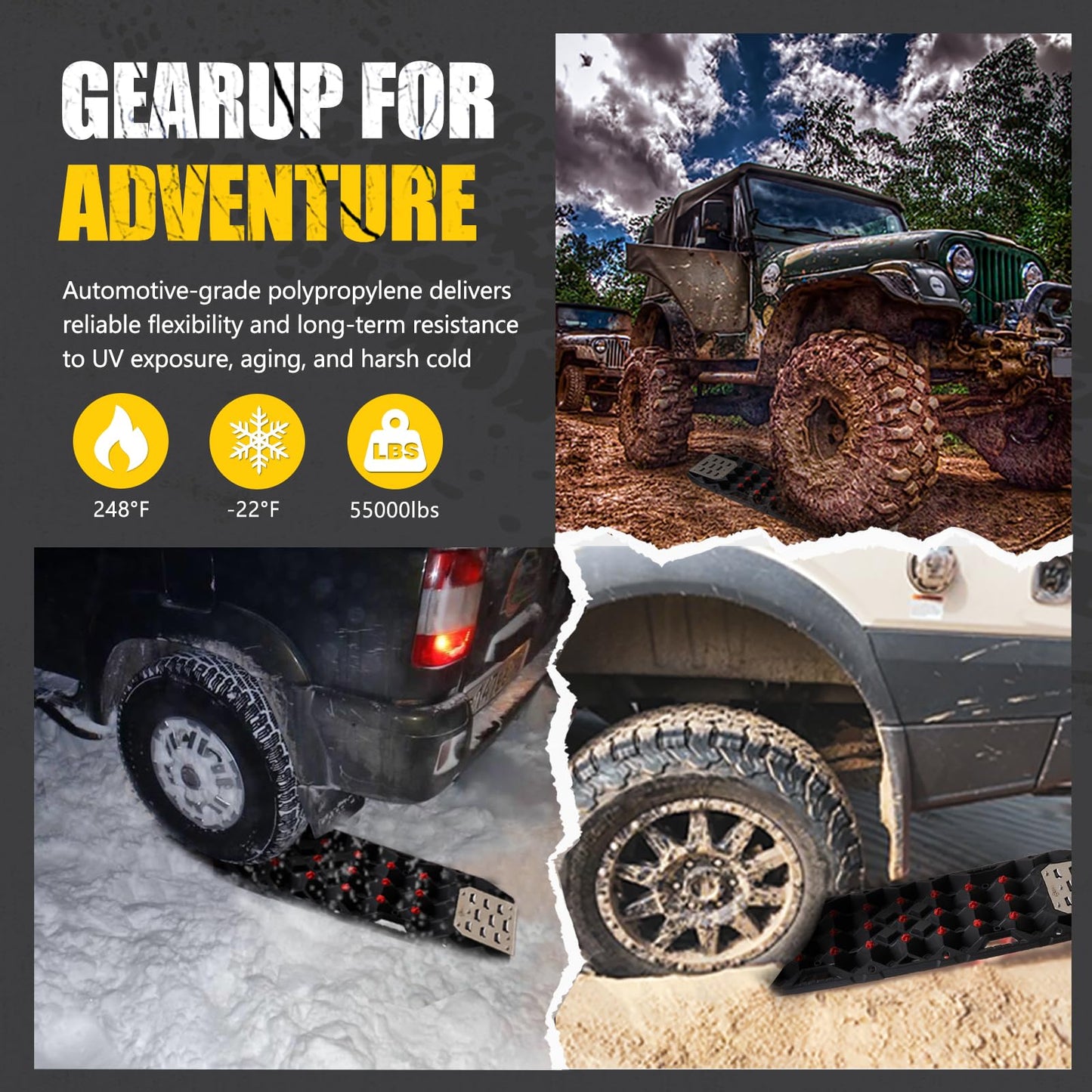 BUNKER INDUST Offroad Traction Board with Jack Base,Pair 47.24"L x 14"W Recovery Track Tire Traction Mat -Black Sand,Mud,Snow Ramps (Replaceable Dual Colors Teeth/Rugged Steel Plate) Gen 11th