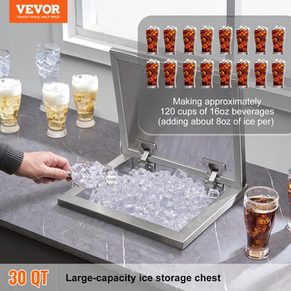VEVOR Drop in Ice Chest, 14" L x 12" W x 18" H Stainless Steel Ice Cooler, Commercial Ice Bin with Hinged Cover, 40 qt Outdoor Kitchen Ice Bar, Drain-Pipe and Drain Plug Included, for Cold Wine Beer