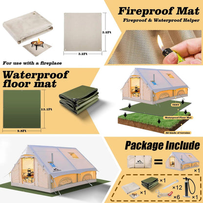 13' x 10' Large Inflatable Tent for Camping 8-10 Person, 4 Season Inflatable Hot Tent with Stove Jack, Easy Setup Blow Up Tents for Camping with Hand Pump, Waterproof Floor Matress