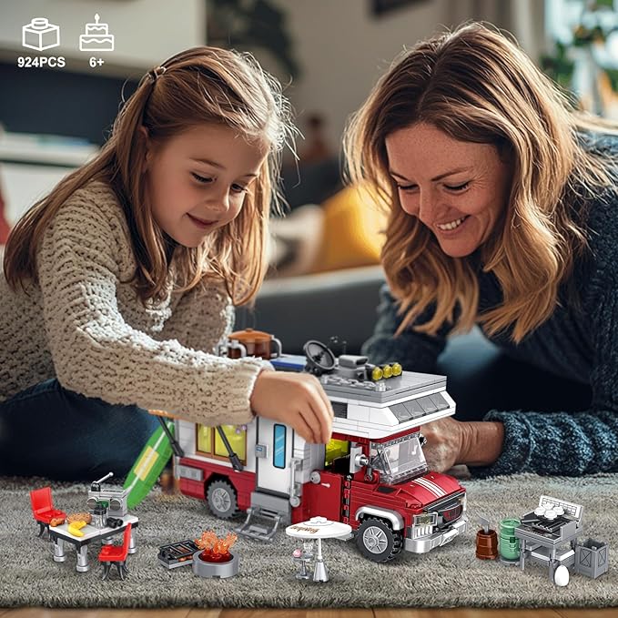 Camper Van Building Set Compatible with Rvs Camper Vehicles Summer Beach Holiday Camping Car Building Toy with Light Gift for Adults and Boys Girls Kids Teens 8-12 (924 PCS)