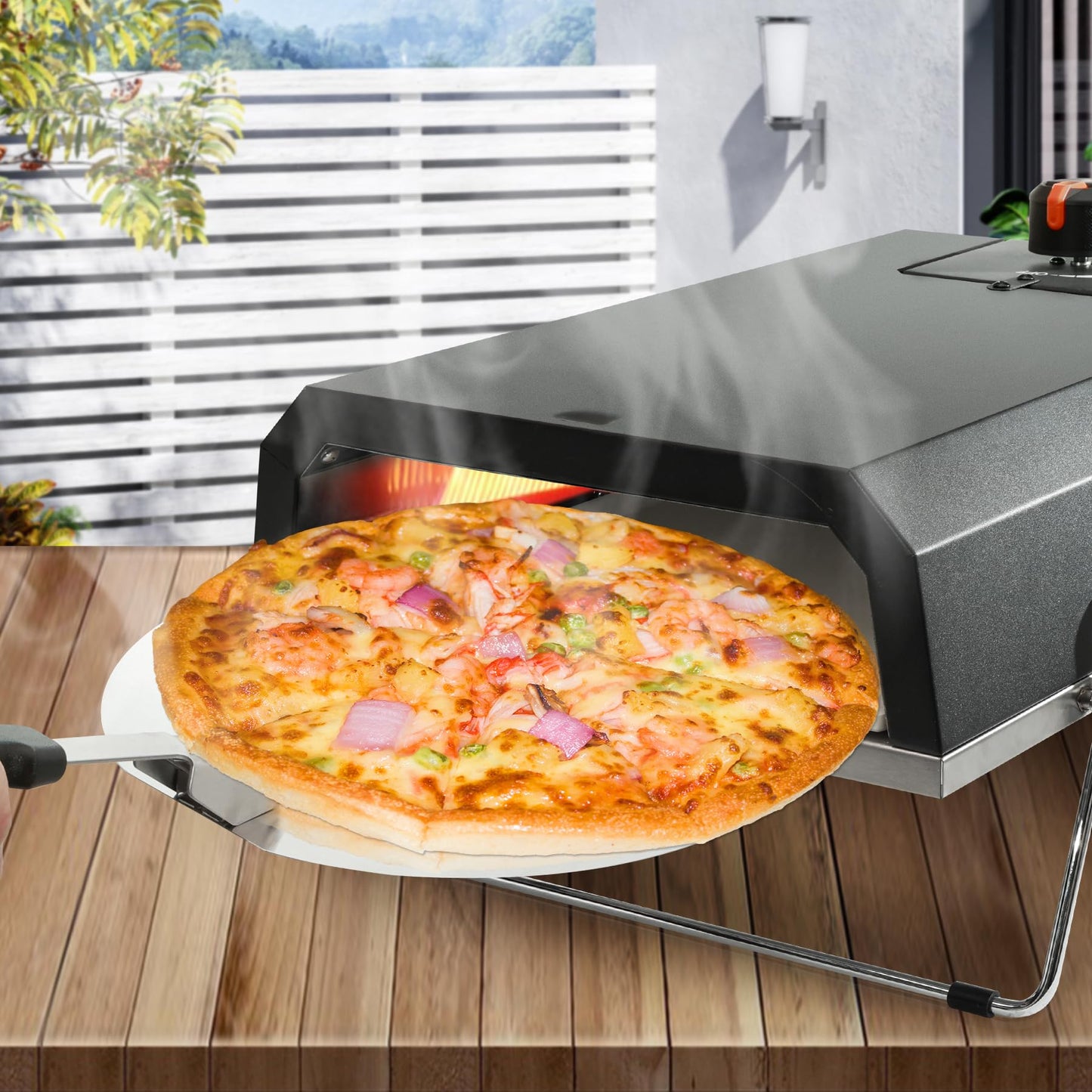 AJinTeby Outdoor Gas Pizza Oven, Portable Propane Pizza Maker with Stone Baffle Door Peel and Cutter Gas Cooker, Pizza Grilling Stove for Outdoor Indoor Kitchen, Grey
