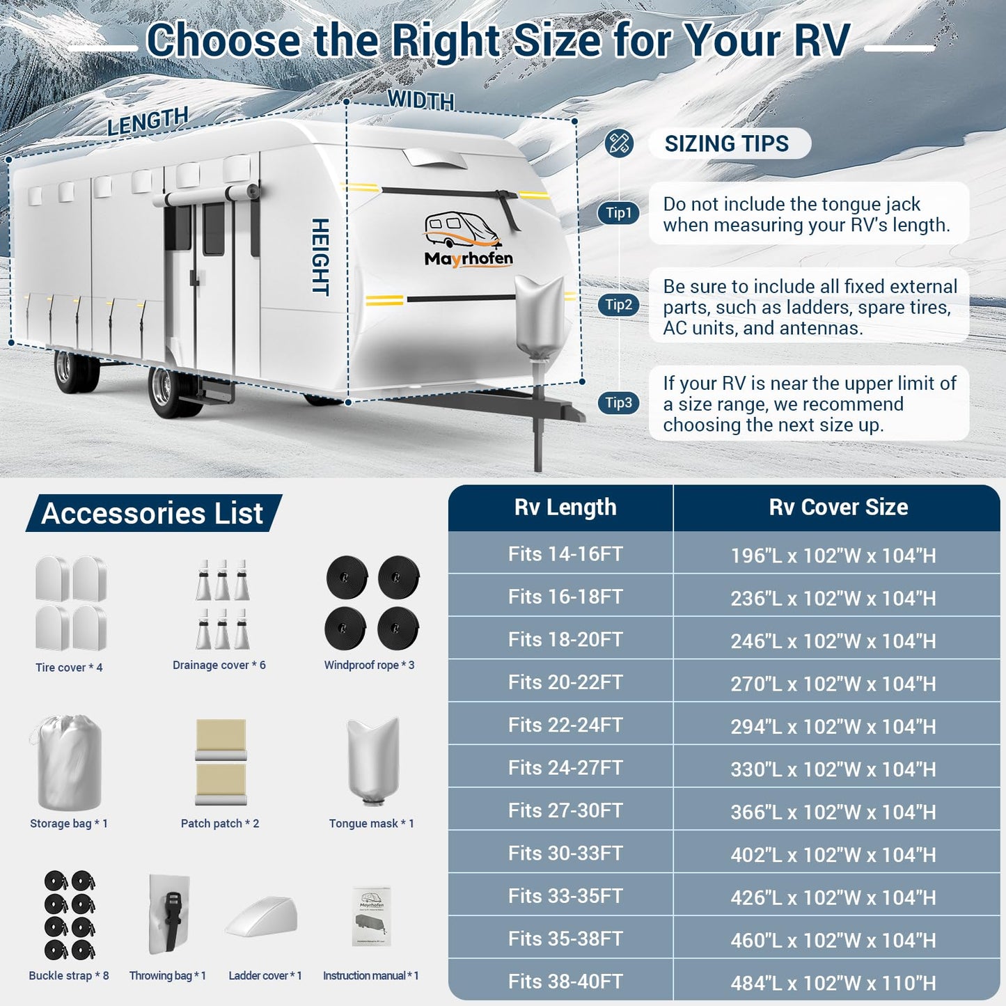 600D Oxford Fabric RV Cover 35-38ft Travel Trailer Cover, 6 Layers Breathable Waterproof Rip-Stop Camper Cover with Adhesive Repair Patches, Gutter, Tire & Additional Straps