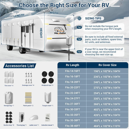 600D Oxford Fabric RV Cover 35-38ft Travel Trailer Cover, 6 Layers Breathable Waterproof Rip-Stop Camper Cover with Adhesive Repair Patches, Gutter, Tire & Additional Straps