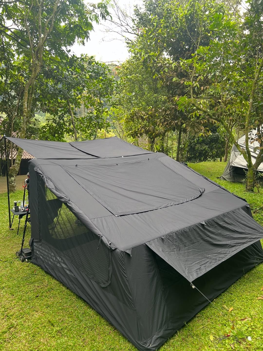 CAMVIL 2025 Upgraded Canvas Inflatable Camping Tent with Pump, Easy Setup Blow Up Air Tent for Camping,No Assembly Needed Air Tent with Mesh Skylight Windows&Doors (Black)