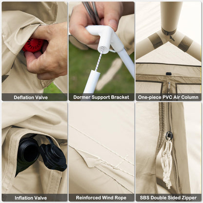 SANHOVO Inflatable Tents for Camping - Easy Blow Up Glamping Tent with Hand Pump, Hot Tent with Stove Jack Waterproof PVC Air Inflatable Tent House for Family Weekend Camping 4-6 Person 4 Season