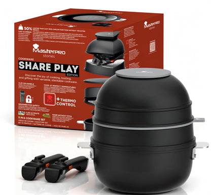 Bergner 11-Piece Non-Stick Cookware Set with Detachable Handles - Stackable Die-Cast Aluminum Pots and Pans Set, Induction Compatible, Space-Saving Kitchen Cookware, Black