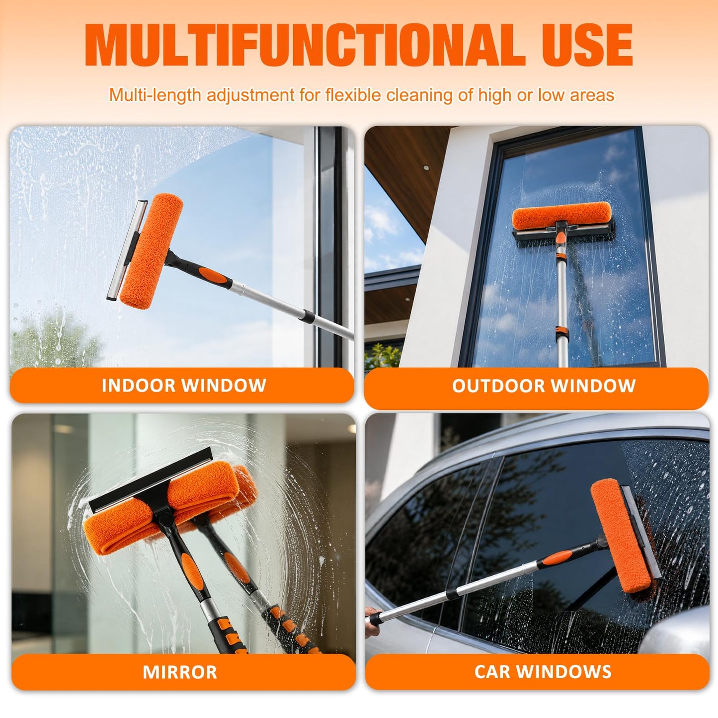 LAANPOLE 36FT Window Squeegee with Extension Pole, 2-in-1 Squeegee for Window Cleaning, Professional Cleaning Kit for Home with 30FT Telescoping Pole for Outdoor Indoor Use