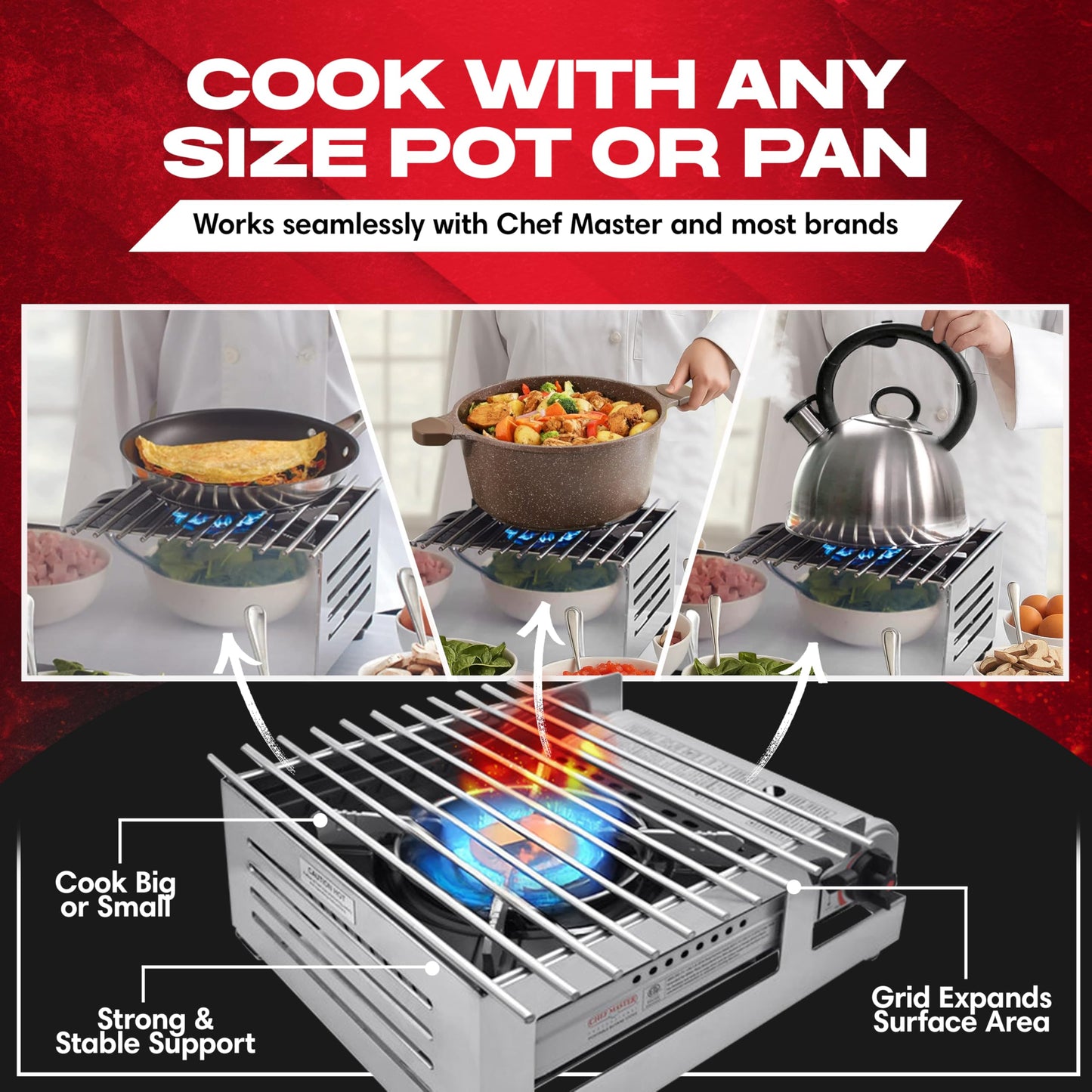 Chef Master Butane Stove Cover - Premium Stainless Steel Universal Fit - Any Standard Size Camping Stove - Portable Screen & Camping Wind Blocker - Camp Essentials for Outdoor & Indoor Cooking 90217