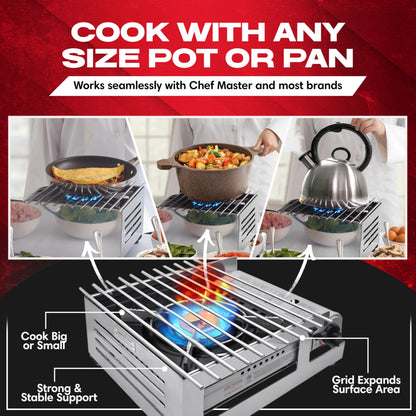Chef Master Butane Stove Cover - Premium Stainless Steel Universal Fit - Any Standard Size Camping Stove - Portable Screen & Camping Wind Blocker - Camp Essentials for Outdoor & Indoor Cooking 90217