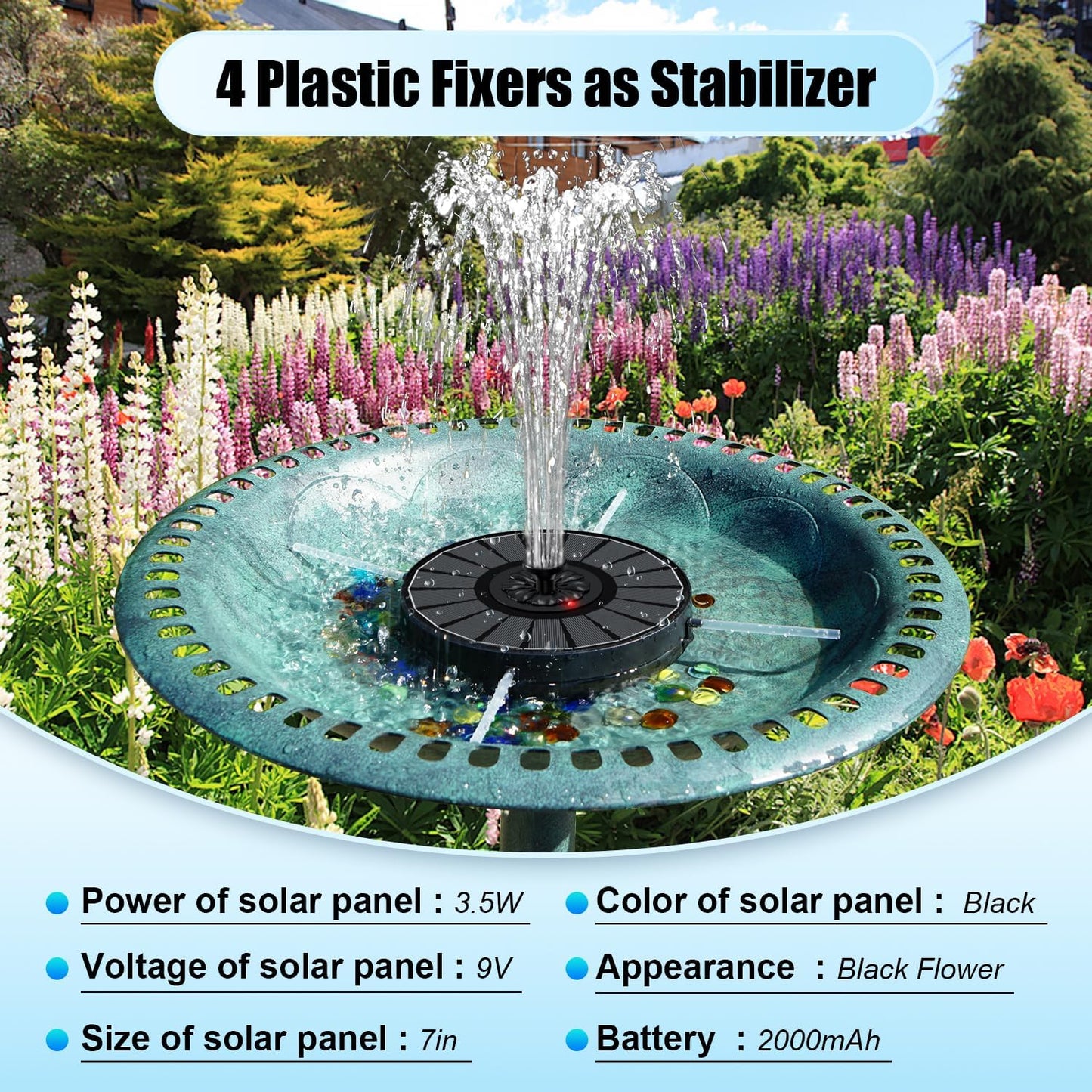 SZMP Solar Fountain - Efficient Outdoor Bird Bath Fountain with 2000mAh Battery | Black Panel