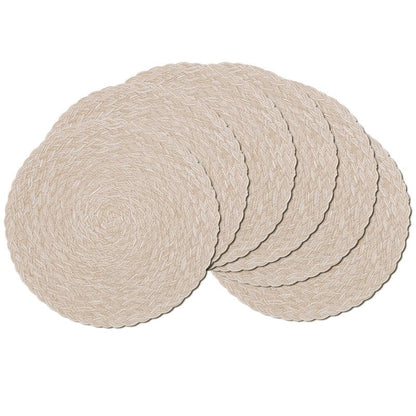 SHACOS Round Braided Placemats 15 inch Set of 6 Thick Boho Kitchen Table Placemats for Home Wedding Party (T-Beige, 6)
