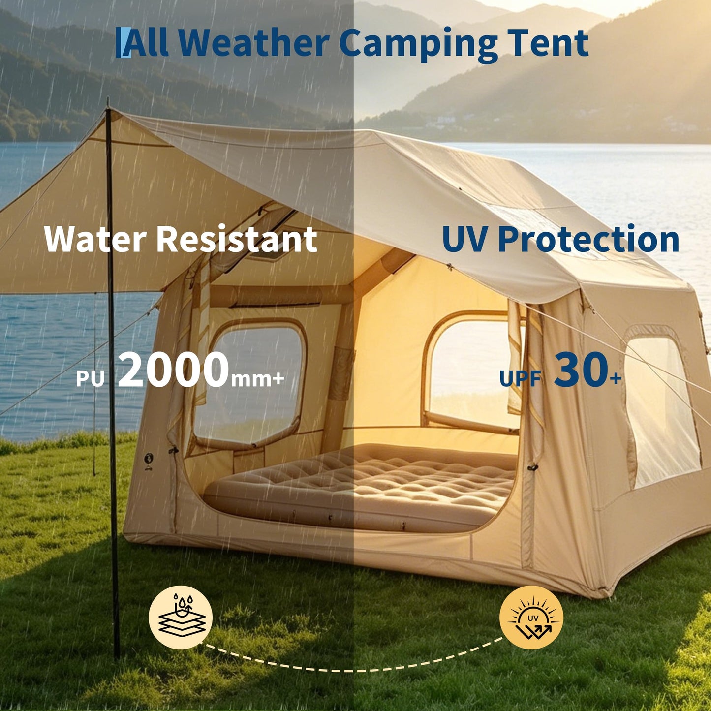 Inflatable Camping Tent for 3-5 Person, Quick Setup Blow Up Tent with Canopy, Waterproof 4 Season Air Glamping Tent with Skylight, Mesh Windows & Stove Jack, for Camping, Beach, Outdoor