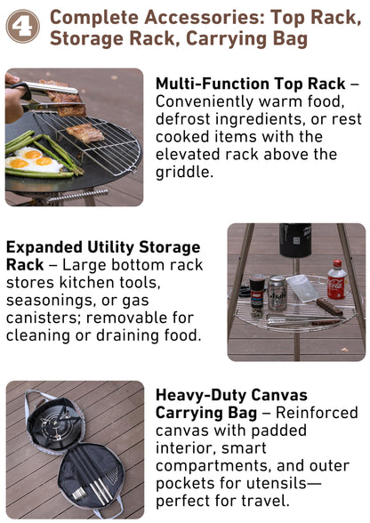CAMPINGMOON Skottle Grill Cooking System Kit 18 inch Carbon Steel Pan Adjustable Legs Portable Camp Cooking Gear with Carry Bag (Skottle base set GR-900)
