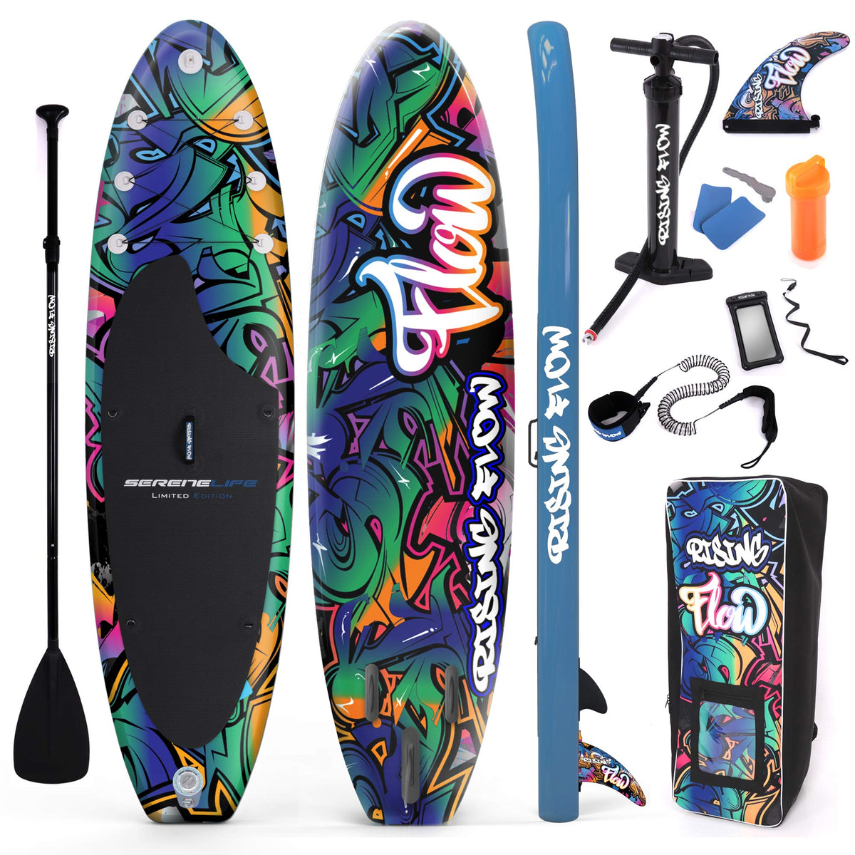 SereneLife Inflatable Stand Up Paddle Board - Wide Stable Design, Non-Slip Deck for Adults & Youth with Premium Paddle Board Accessories: Carry Bag, Dual Action Pump, Paddle, Ankle Leash - 10'6"