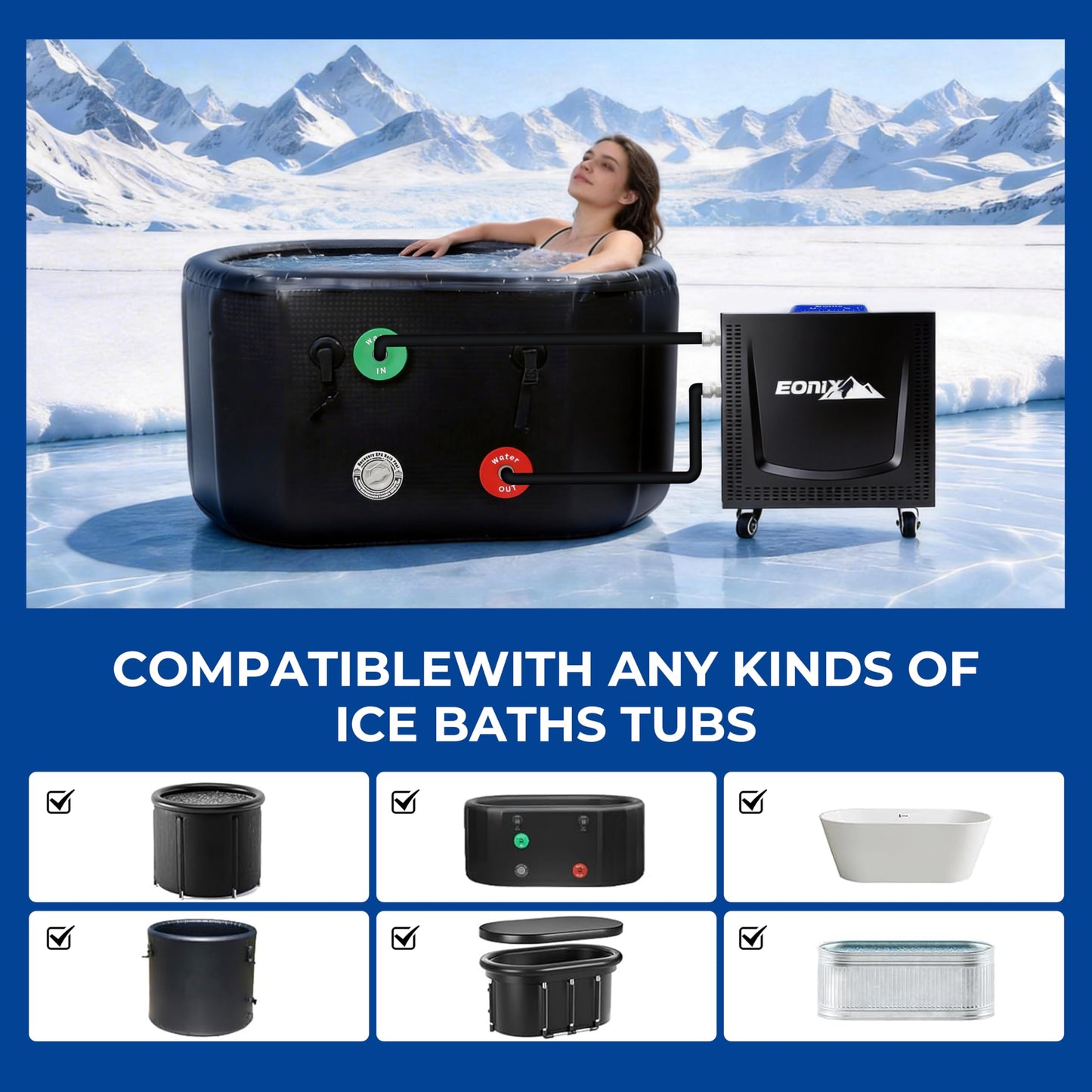 EONIX 1/2HP Upgraded Cold Plunge Chiller,Ice Bath Water Chiller for Cold Plunge Tubs,Built-in Filter & Water Pump, Insulated Hoses,Quiet Operation,Ice Bath Chiller for Cold Therapy Recovery 110V