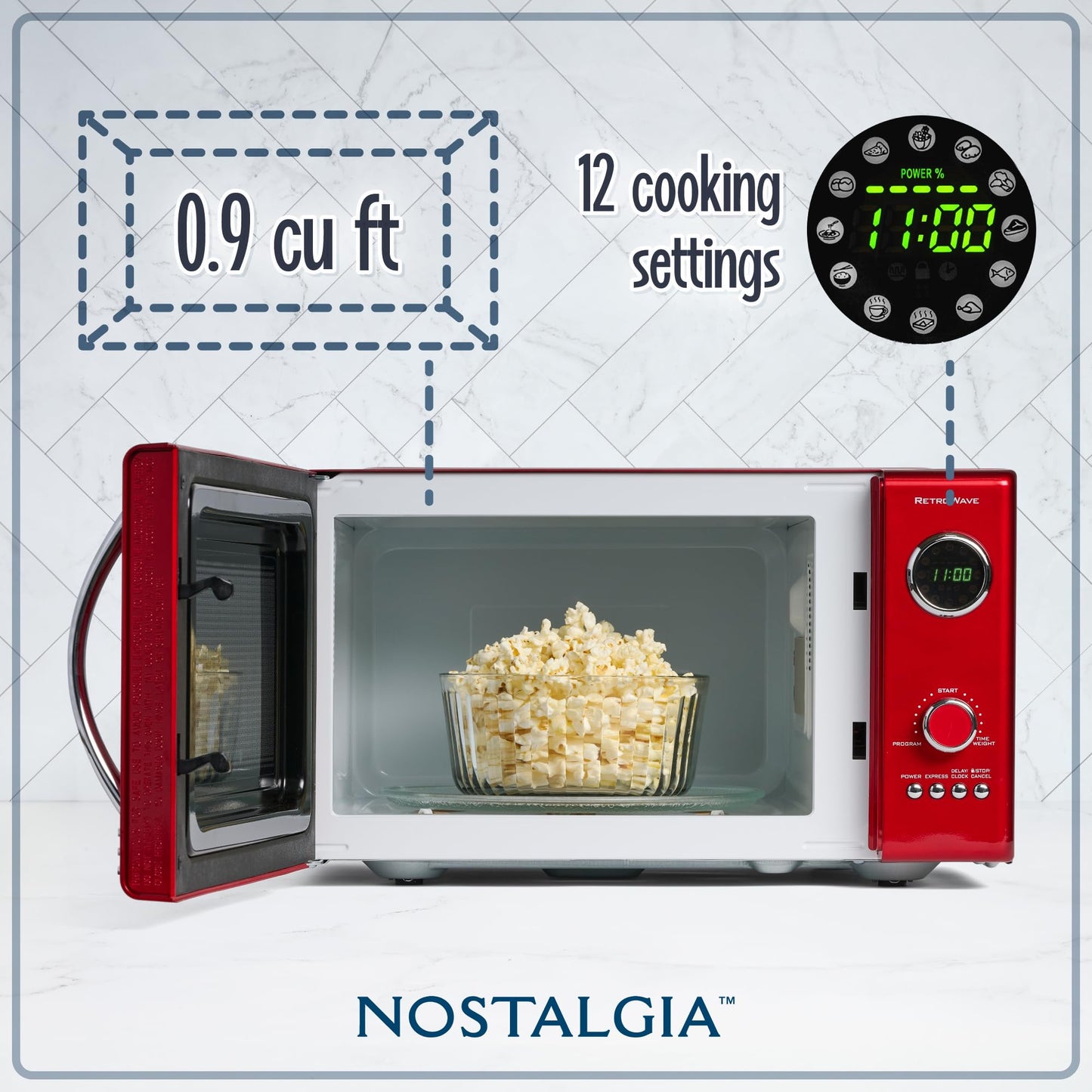 Nostalgia Retro Microwave Oven - 0.7 Cu Ft, 700-Watt Countertop Size with Glass Turntable, Child Safety Lock, 8 Auto-Cook Programs, Digital Clock - Aqua
