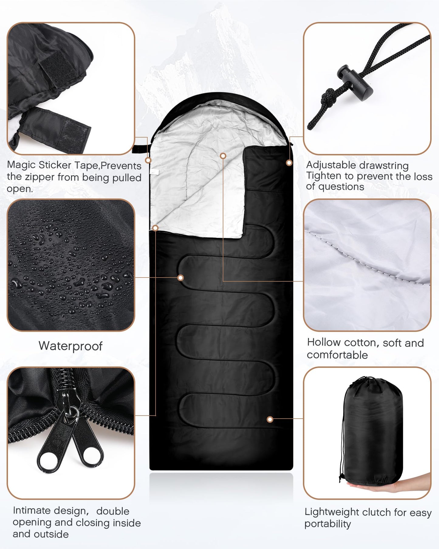 Tranqun 40 Pcs Sleeping Bags for Adult Bulk with Winter Beanie Hat Touch Screen Gloves Scarves, Waterproof Cotton Liner Cold Weather Sleeping Bag for Homeless Camping Indoor Outdoor(Black)
